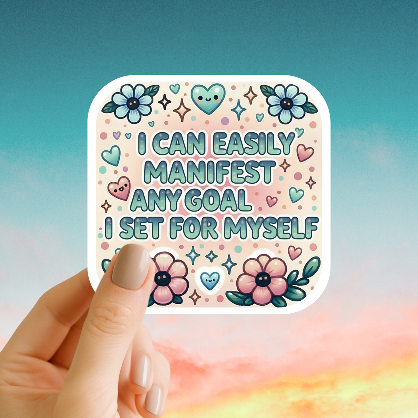 Sticker with motivational text and floral designs held by a hand against a colorful background