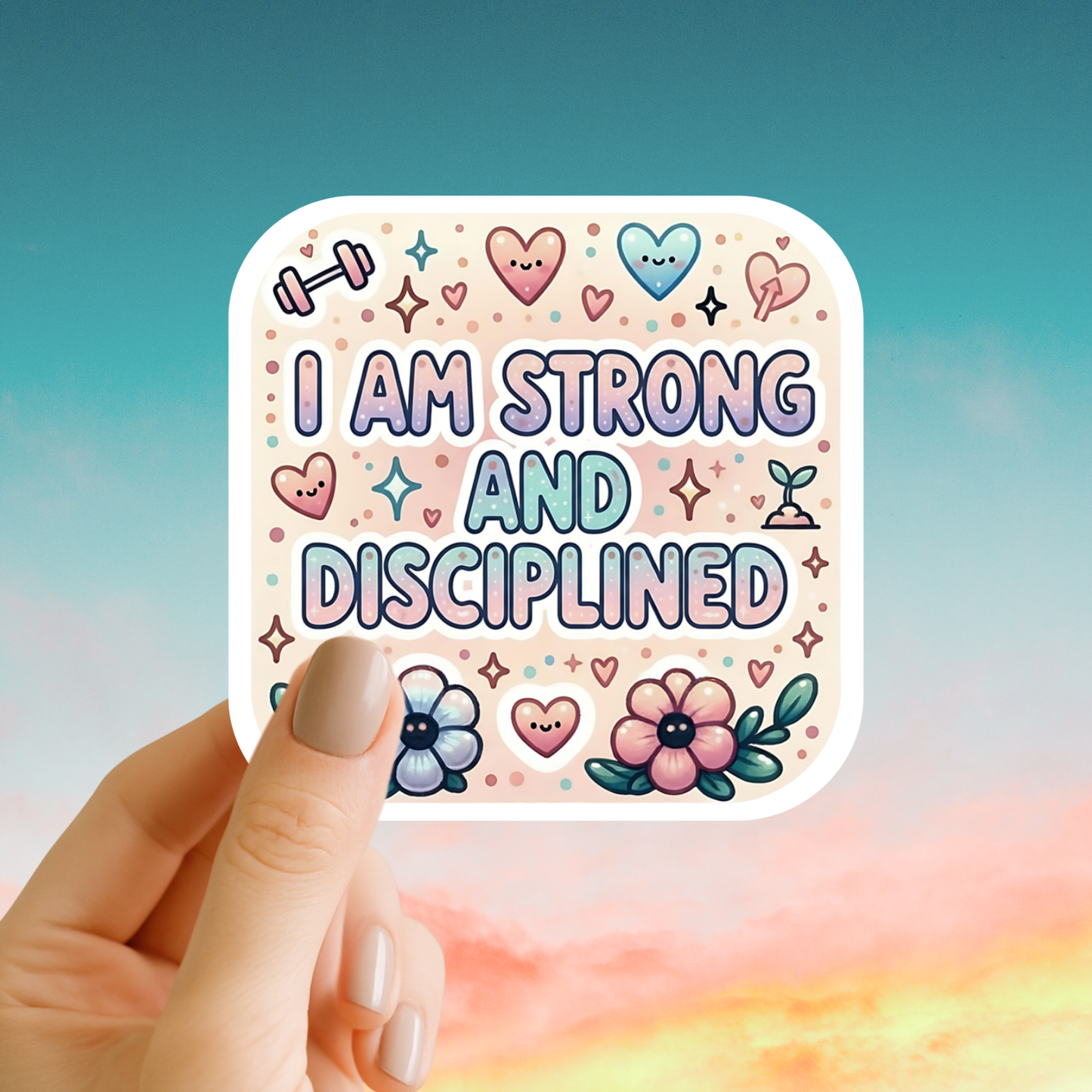 Sticker with 'I AM STRONG AND DISCIPLINED' text held by a hand against a colorful background