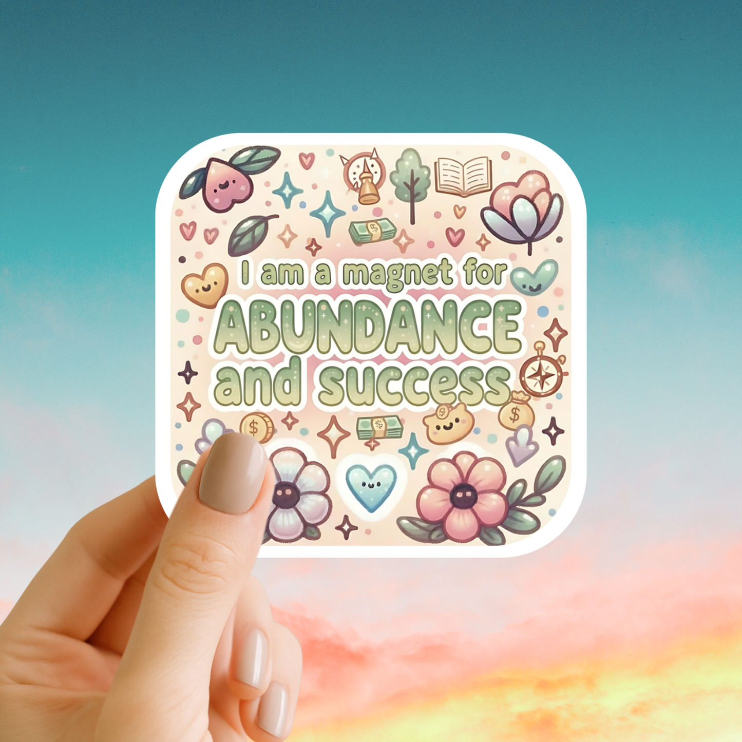Hand holding a colorful sticker "I Am a Magnet for Abundance" with motivational text against a gradient background