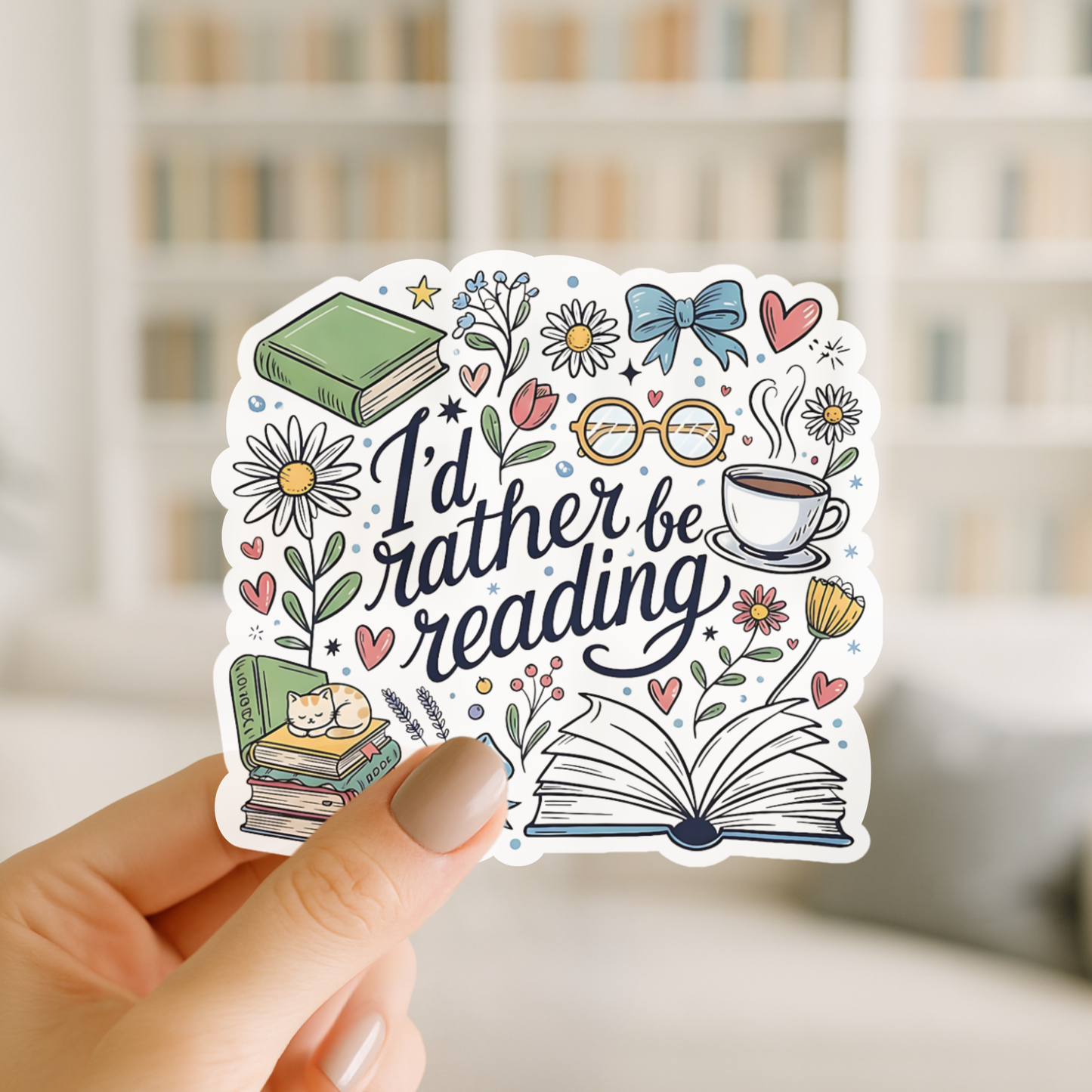 Sticker with 'I'd rather be reading' text held by a hand in front of a blurred bookshelf.