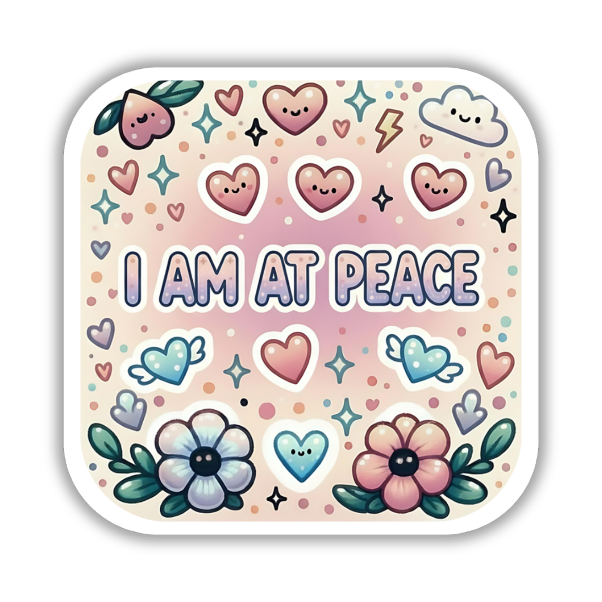 Sticker with 'I AM AT PEACE' text surrounded by colorful hearts, flowers, and symbols on a light pink background