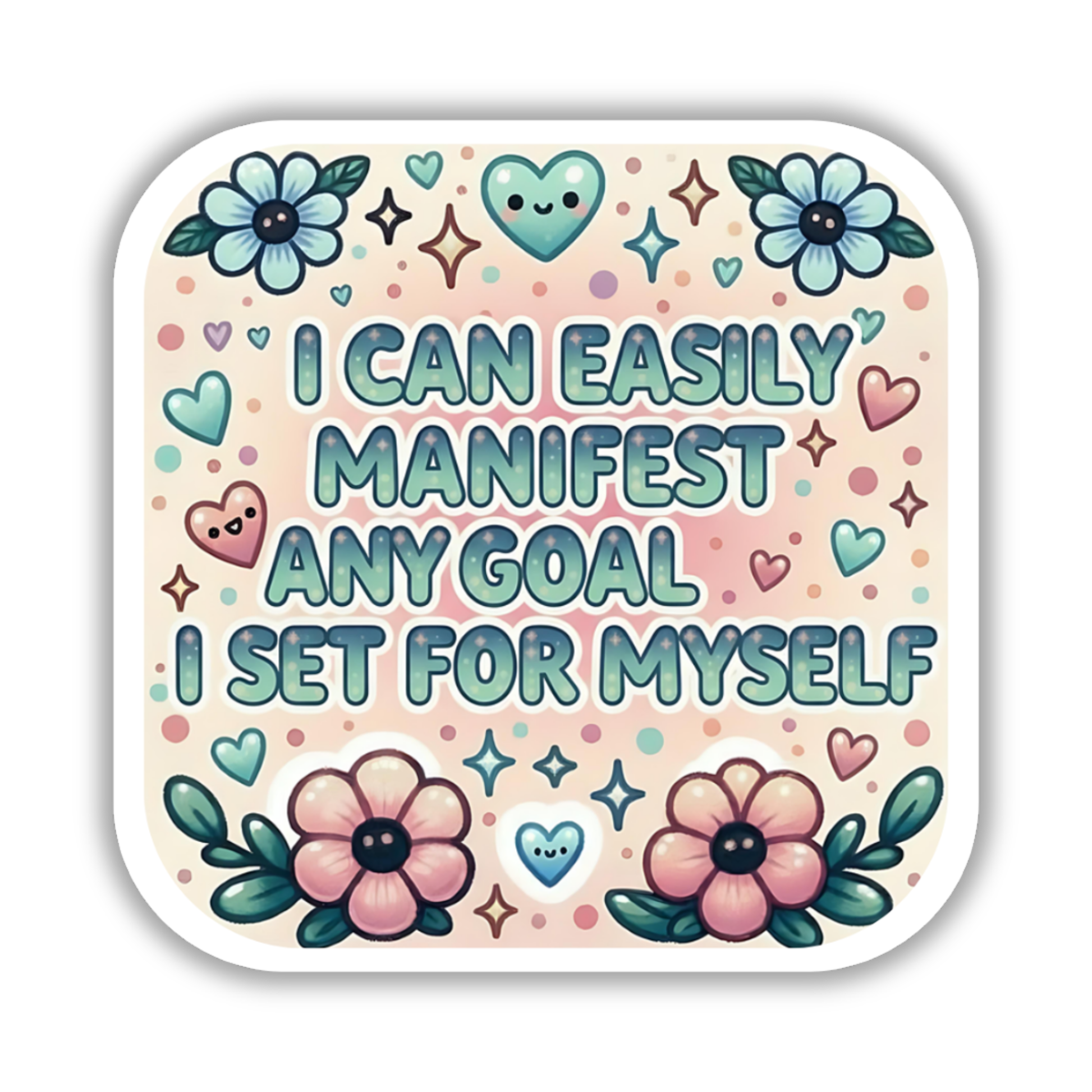 Coloring Book Affirmation Stickers (50) - 50. I Can Easily Manifest Any Goal I Set for Myself -surrounded by hearts and stars — cozy faith-inspired design by Harrison House Co